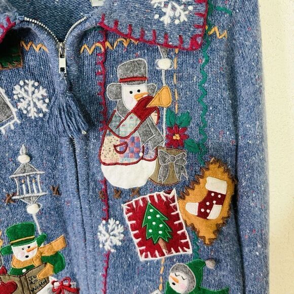 Victoria Jones Petite Christmas Sweater Women's Size PM Full Zip Snowmen Blue - Picture 6 of 13
